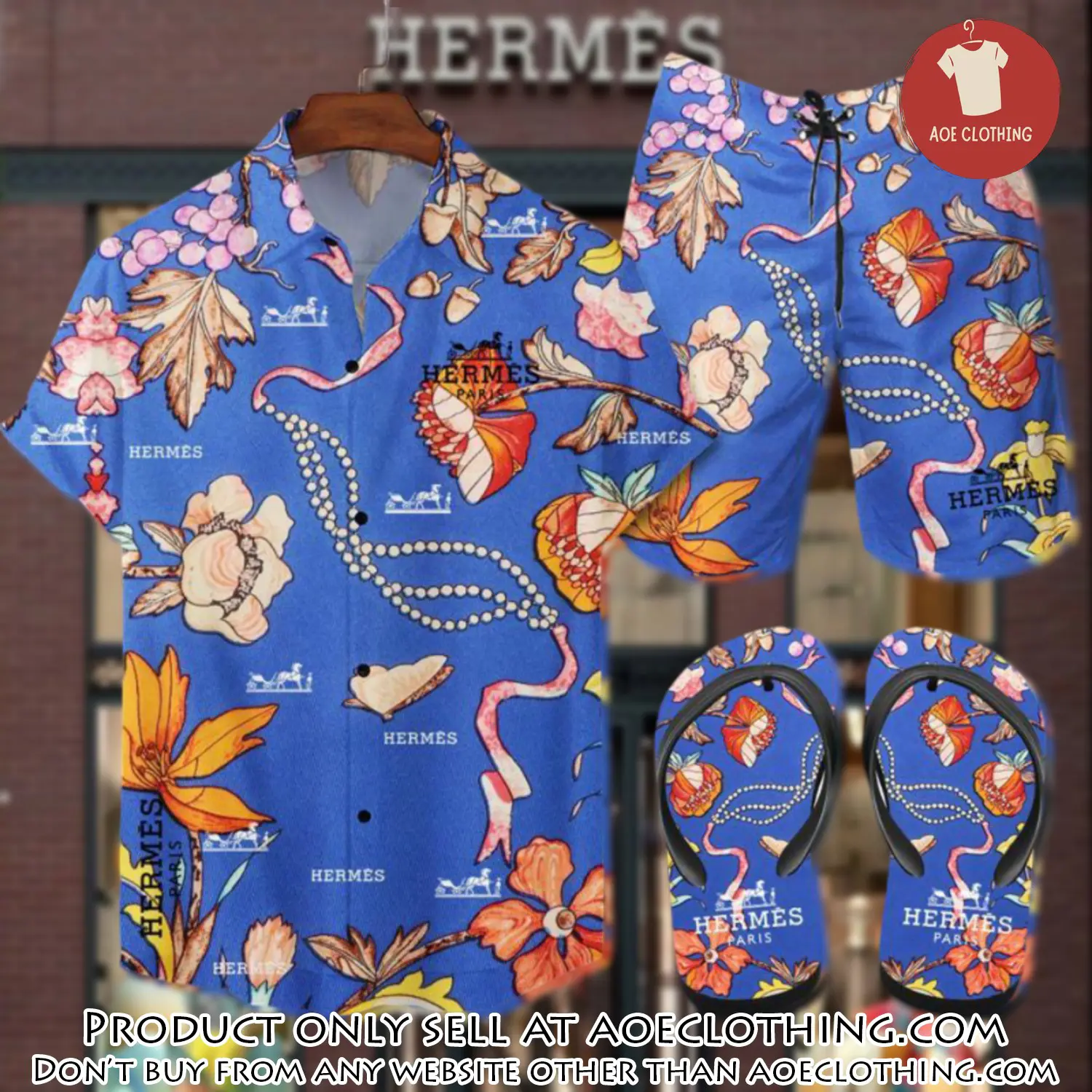 Hermes flip flops and combo hawaii shirt shorts luxury brand summer outfit hsf083 aoe1926140